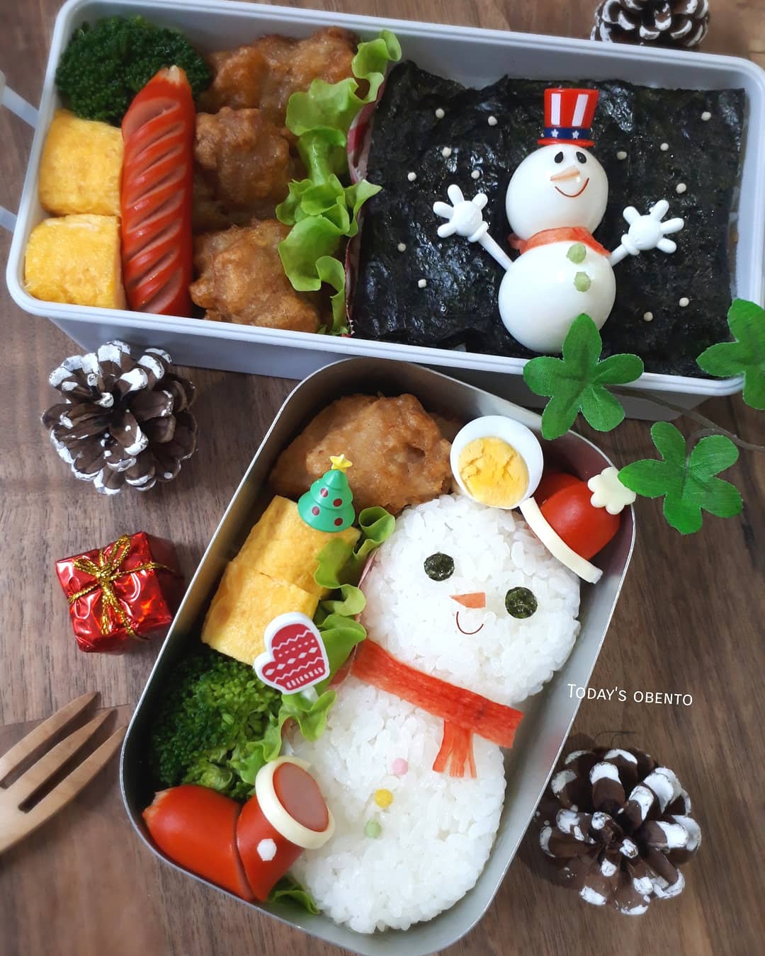 雪だるまと唐揚げ弁当 Eatpick