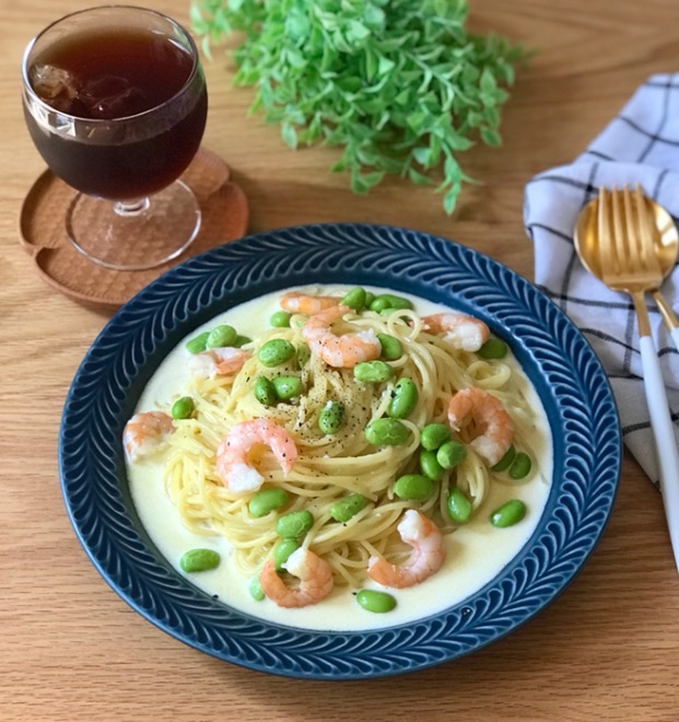 海老と枝豆と白だしのクリームパスタ Eatpick